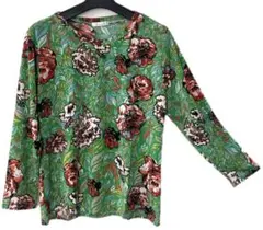グリーン薔薇プリント長袖Tシャツ 緑色 花柄 新品タグ付き