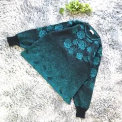 NAO【M相当】ターコイズブルー バラ柄 クロップド 長袖 トップス ニット