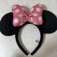 ミニーマウス カチューシャ 黒耳 ピンクリボン
