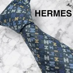 希少 美品 HERMES エルメス ネクタイ シルク H柄 ジャガード 紺 青