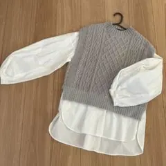 【美品】ケーブル編みニット　バルーンスリーブシャツ　ホワイト　２点セット　ラメ