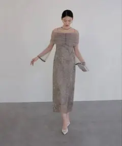 LEJA-チュールオフショルダー花柄Iラインワンピースドレス 結婚式 レディース