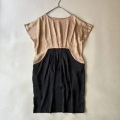 Hunch ハンチ　バイカラー ワンピース ドルマン 半袖 M ベージュブラックのサムネイル