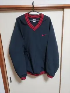 90s NIKE 銀タグ ナイロン プルオーバー Vネック 黒×赤 XL