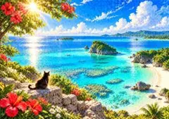 アートポスター 猫 海 ビーチ 風景画 インテリア