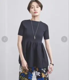 【UNITED ARROWS】ペフラムショートスリーブニットセーター ネイビー