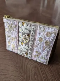 ハンドメイド 合皮＆インド刺繍リボン ポーチ