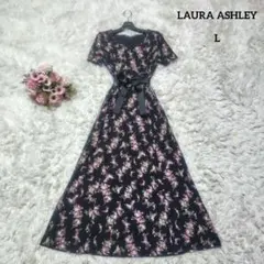 【美品♡マキシ】ローラアシュレイ　コットンフラワーフレアロングワンピース　L　黒