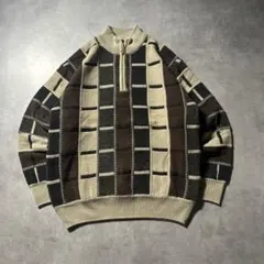 ヴィンテージ 総柄 ハーフジップ ケーブル チェック デザイン ニットセーター