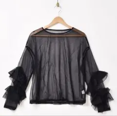 フリル 長袖 シアートップス　ブラック　黒