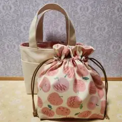 ハンドメイドクリームキャンバスミニトートバッグ 巾着袋2点セット