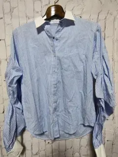 REDYAZEL 青白ストライプ 袖ボリュームシャツ レディアゼル