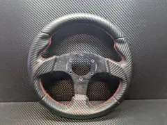 カーボン調　ステアリング　280㎜　小径　ハンドル　赤ステッチのサムネイル