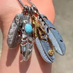 実物写真　アメカジ ターコイズ 羽 シルバー ネックレス フェザー ユニセックス