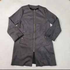 【美品】ブラウン ノーカラーロングジャケット　ノーカラー　薄手コート