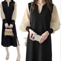 シフォン袖ロングワンピース