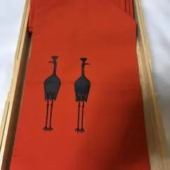 名古屋帯　ちりめん　朱色 のほほん鳥　刺繍