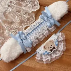 【012】 ヘッドドレス スタイ うさぎ チェック柄 ブルー ちびぐるみ ぬい服