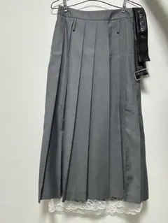 グレー プリーツスカート レース裾 ベルト付き