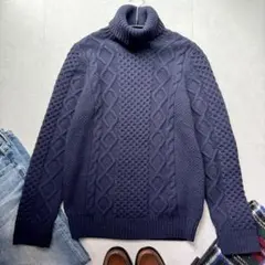 ユナイテッドアローズ長袖ニットハミルトンラムズウールタートル ケーブル編み