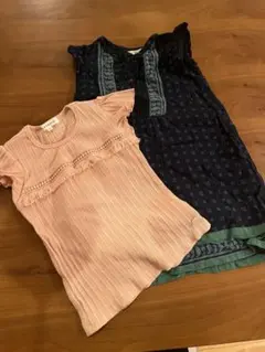 3can4onピンクTシャツとネイビーワンピース100cm