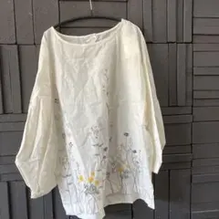 花柄プリントホワイト コットン長袖シャツ