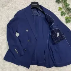 美品✨スーツセレクト ダブルジャケット　リネン混　ネイビー　銀ボタン