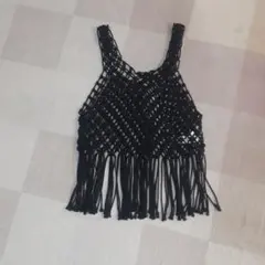 ブラック フリンジ マクラメ編み ニットベスト　黒