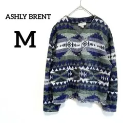 ASHLY BRENT グリーン　パープル 厚手　カーディガン【M】幾何学模様