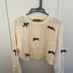 リボン　ケーブル　クロップドニット　Mサイズ