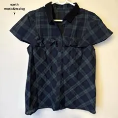 earth music&ecology ネイビー系チェック フリル付き半袖シャツ