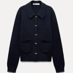 ZARA リボンボタン　ニットジャケット　ネイビー　Mサイズ