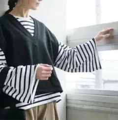 SOLAMONAT ソラモナ パフ天竺ボーダーワイドスリーブロンT