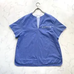 美品✨ASTRAET ストライプ ノーカラー 半袖シャツ バンドカラー ブルーのサムネイル