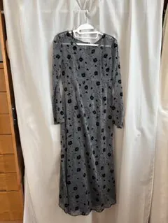 グレー 花柄 長袖 マキシドレス