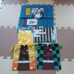 鬼滅の刃　冨岡義勇ハンドタオル　炭治郎．善逸巾着　和柄ミニタオル　5点セット