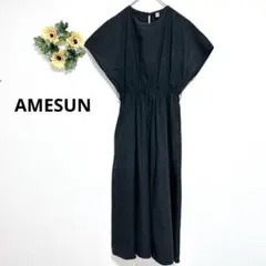 a3739 AMESUN フレンチスリーブ　ワンピース　腰ギャザー　コットン