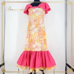 【フラダンス衣装】イエロー ワンピース ドレス 黄 ピンク オレンジ 花柄