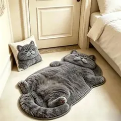 猫型 ラグマット 玄関マット インテリアマット グレー 50×80cm