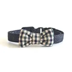 チェック柄 リボン付き 猫用 首輪 セーフティバックル 鈴 緑色 軽量 小型犬