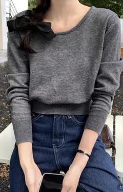 ドロップショルダー カジュアル 無地 ショート丈セーター、秋、長袖トップス　M