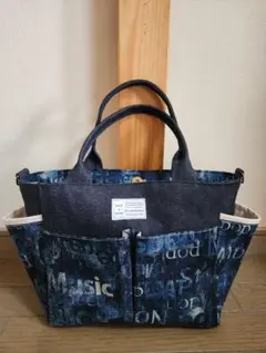 岡山デニム◆ダメージ英字柄◆ポケット沢山トートバッグ◆ハンドメイド◆