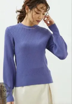 ROPÉ PICNICリブプルオーバー パープル リブニット 長袖 ストーン装飾