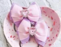 パープル×ピンクリボン　ヘアゴム　キッズリボン　ハンドメイド