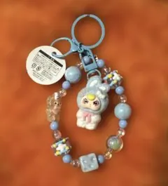 ベイビースリー ぷくっとアングリーフェイス　水色　ビーズストラップ　キーホルダ