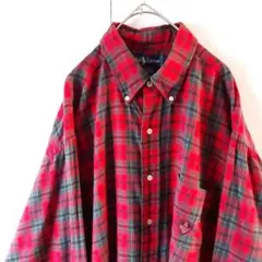 90s ラルフローレン タータンチェック胸ポケ刺繍ロゴ BDシャツ L 赤