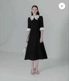 Leja 花柄レースカラースパンコール刺繍Aラインフレアドレスワンピース