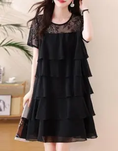 新品 大きいサイズ ワンピース 春夏シフォン レース ティアード フリルg2