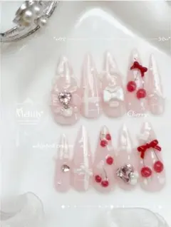 No.194【サイズオーダー】ネイルチップ さくらんぼ ガーリー リボン ロング