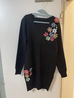 トップス ニット セーター Mサイズ 黒 花柄 ロング